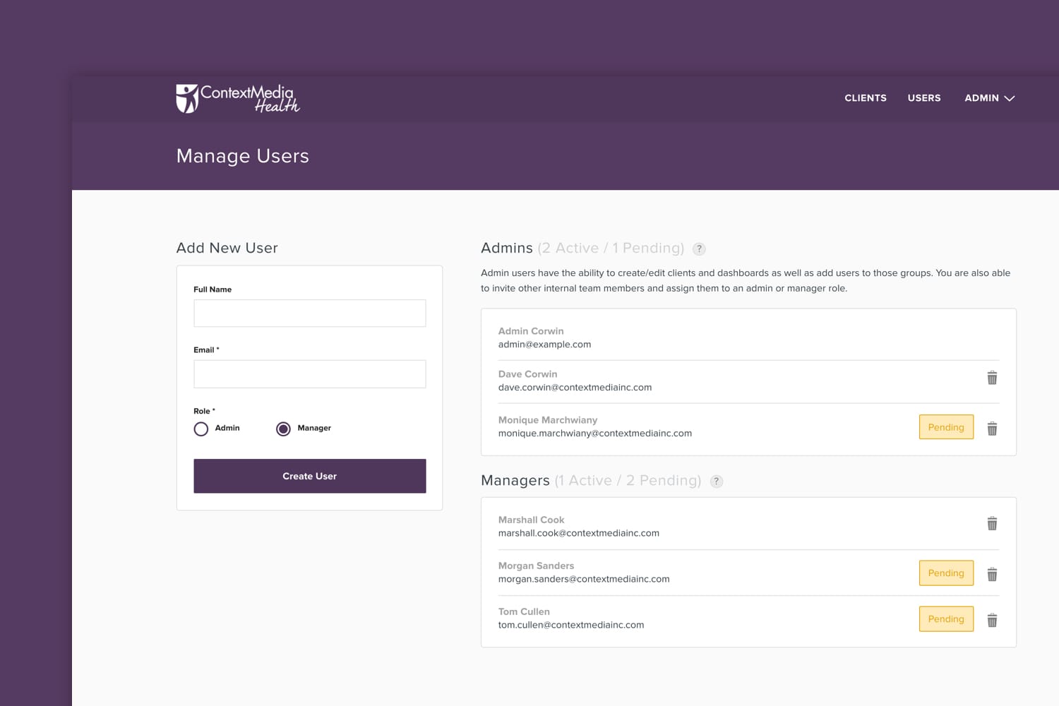 Context Media Manage Users page