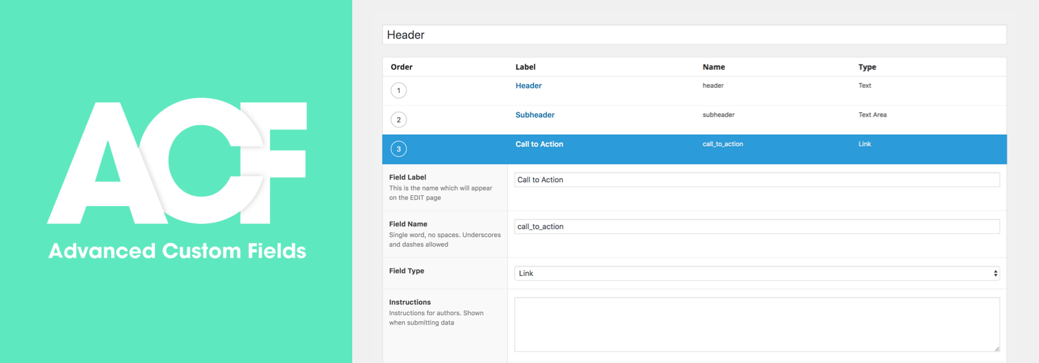 ACF adding a custom field UI screenshot