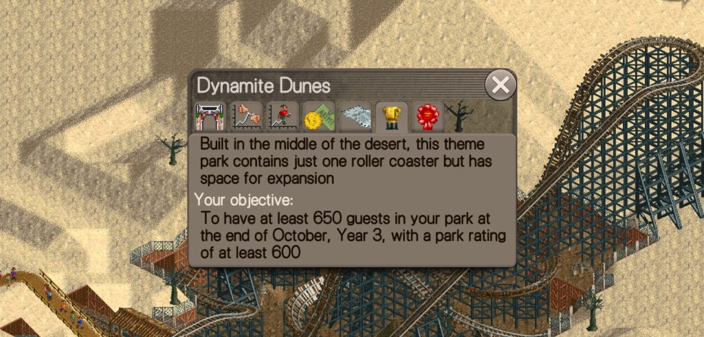 Dynamite Dunes scenario where it was built in the middle of the desert and contains just one roller coaster but has space for expansion.