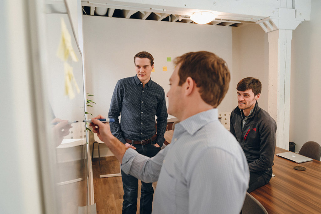 The LaunchPad Lab partners having a whiteboarding session.