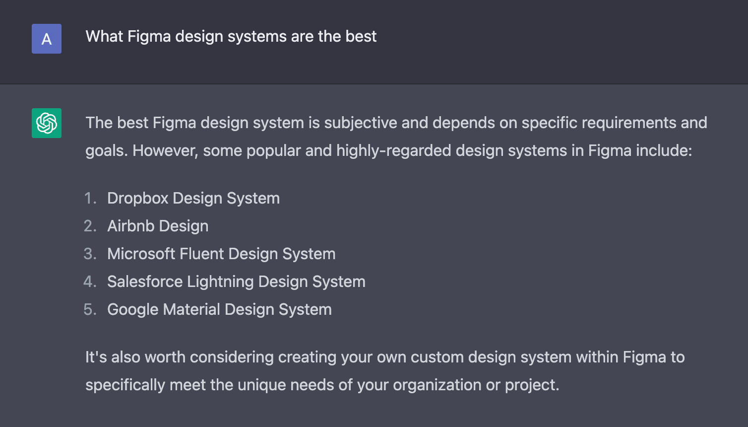 Asking ChatGPT what Figma design systems are the best