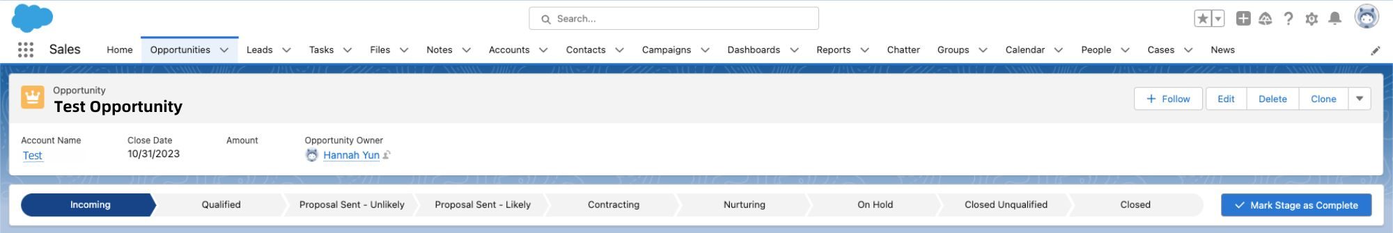 Sales cloud dashboard with sales stages