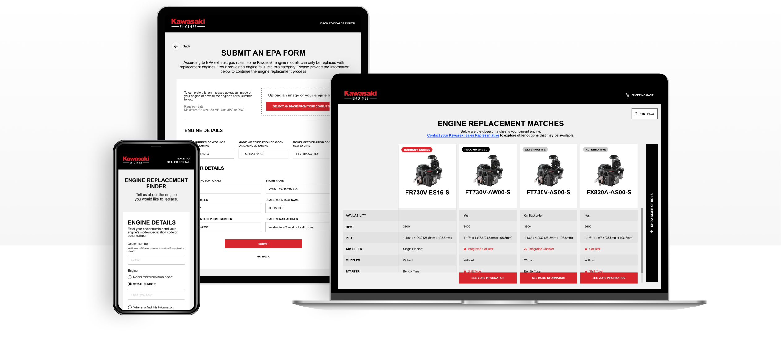 Kawasaki Engines UI to find and replacement engines.