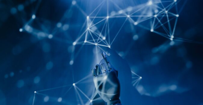 A robotic hand reaching into a digital network on a blue background, symbolizing AI agent workflows